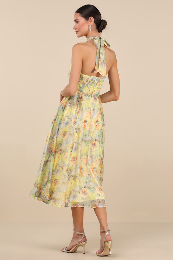 Lulus Galia Yellow Multi Floral Halter Midi Dress