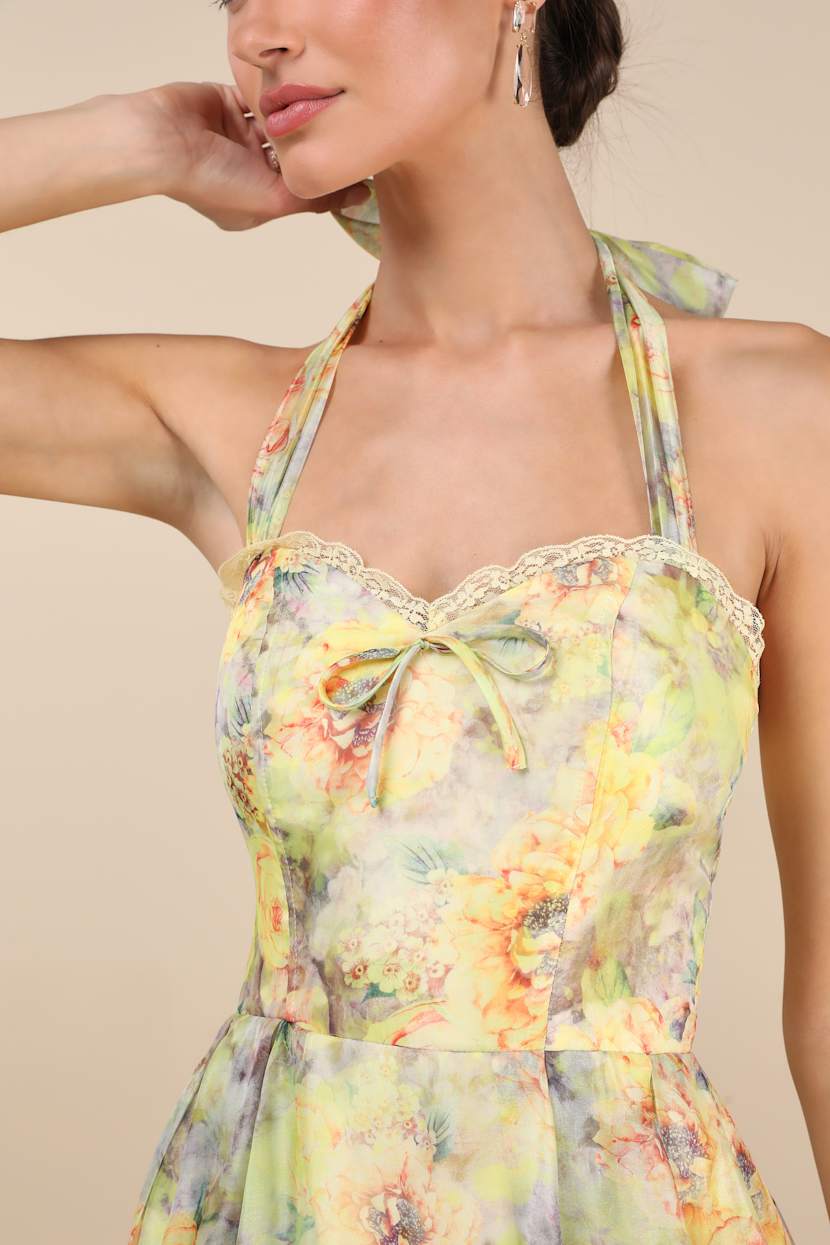 Yellow Multi Floral Dress - Halter Midi Dress - Skater Midi Dress - Lulus