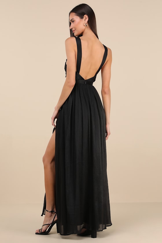 Lulus Leyton Black Crinkle Knotted Backless Maxi Dress