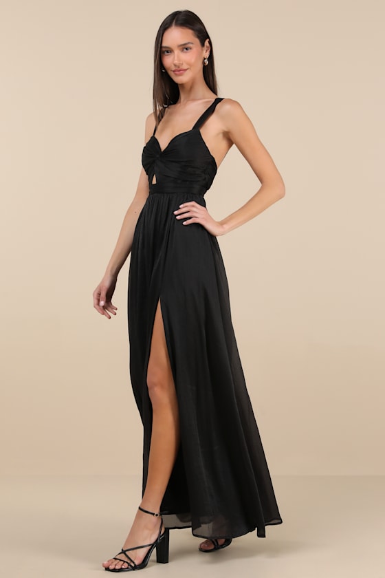 Lulus Leyton Black Crinkle Knotted Backless Maxi Dress