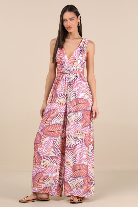Lulus Emlyn Rose Pink Multi Leaf Print O-ring Wide-leg Jumpsuit