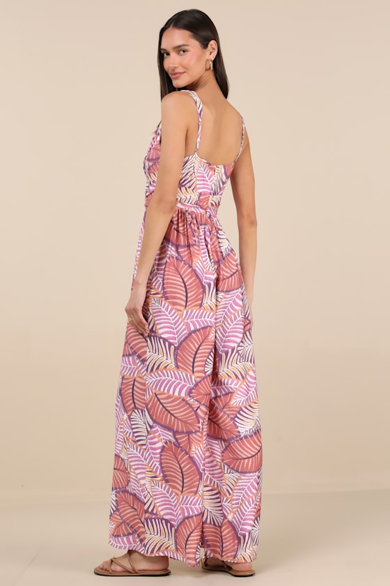 Lulus Emlyn Rose Pink Multi Leaf Print O-ring Wide-leg Jumpsuit
