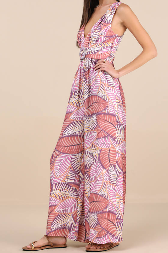 Rose Pink Multi Jumpsuit - Leaf Print Jumpsuit - O-Ring Jumpsuit - Image 5