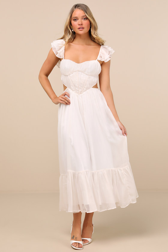 Lulus Mio Ivory Pleated Tie-back Midi Dress