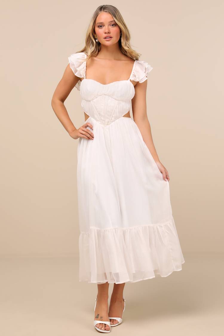 Ivory Midi Dress - Tie-Back Midi Dress - Ivory Basque Waist Dress - Lulus