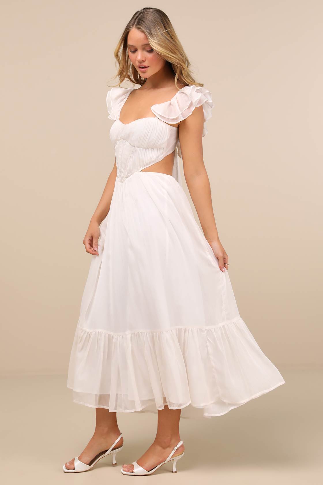 Mio Ivory Pleated Tie-Back Midi Dress