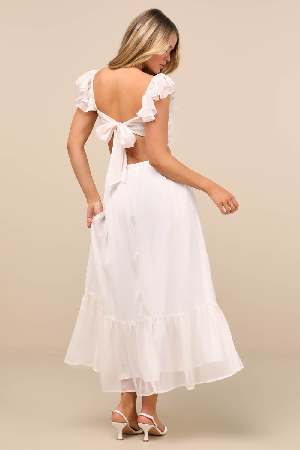 Mio Ivory Pleated Tie-Back Midi Dress