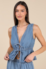 Maldwyn Blue Chambray Sleeveless Tie-Front Top 2