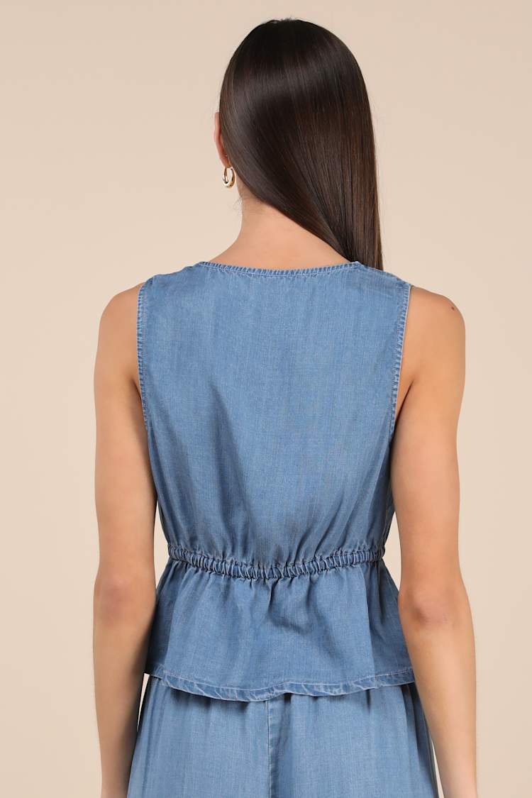 Maldwyn Blue Chambray Sleeveless Tie-Front Top