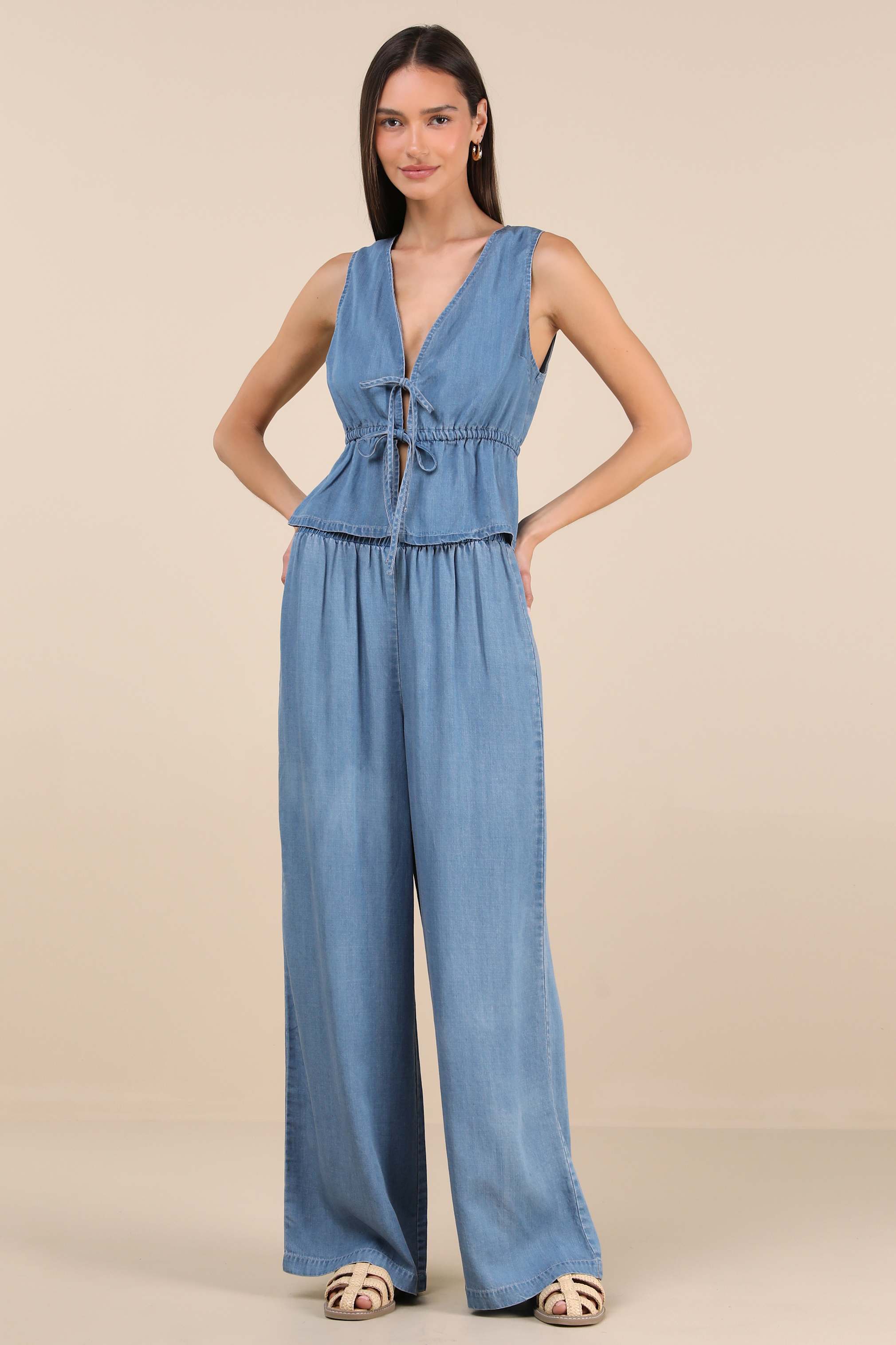 Maldwyn Blue Chambray Sleeveless Tie-Front Top