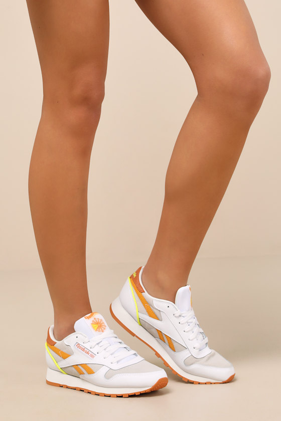 Reebok Classic Leather White And Amber Suede Sneakers