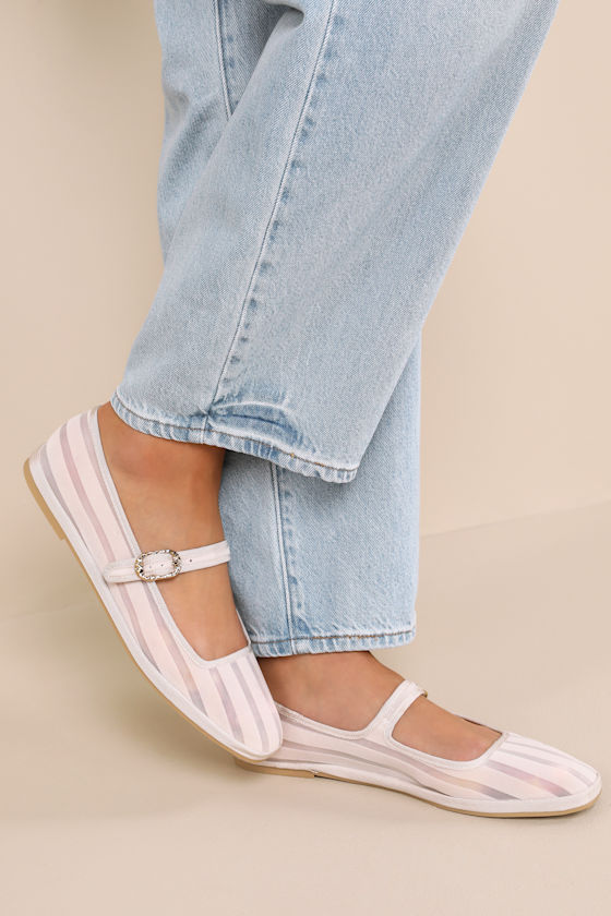 Dolce Vita Tameka Bone Mesh Striped Buckle Ballet Flats In White