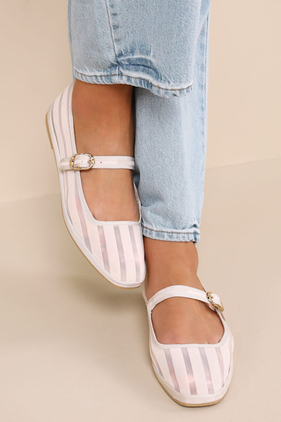 Dolce Vita Tameka Bone Mesh Striped Buckle Ballet Flats In White