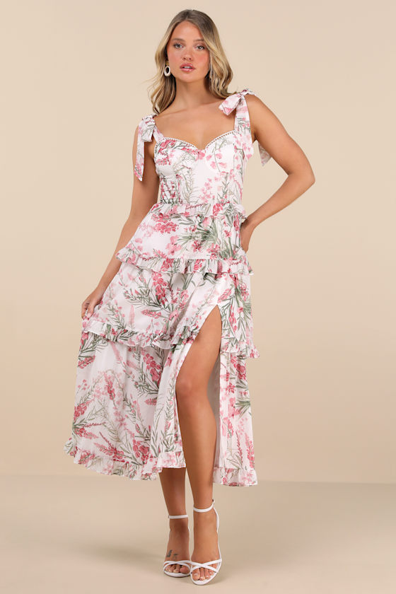 Lulus Naenia White Floral Tiered Tie-strap Midi Dress