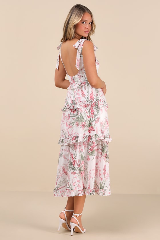 Lulus Naenia White Floral Tiered Tie-strap Midi Dress
