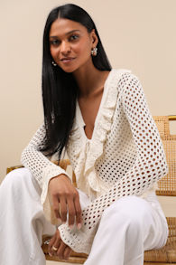 Izara Cream Crochet Knit Tie-Front Long Sleeve Top 2