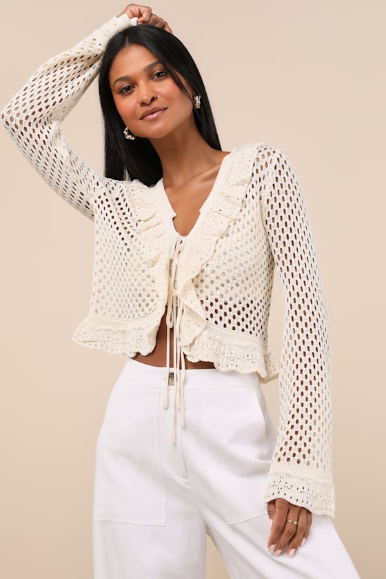 Izara Cream Crochet Knit Tie-Front Long Sleeve Top 3