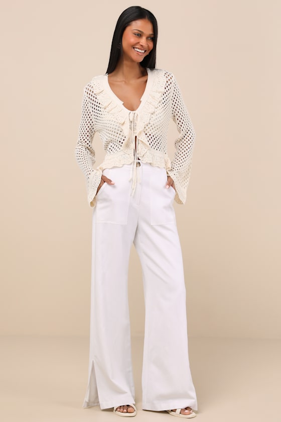 Lulus Izara Cream Crochet Knit Tie-front Long Sleeve Top