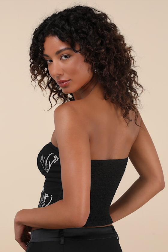 Lulus Suni Black Mesh Sequin Strapless Crop Top