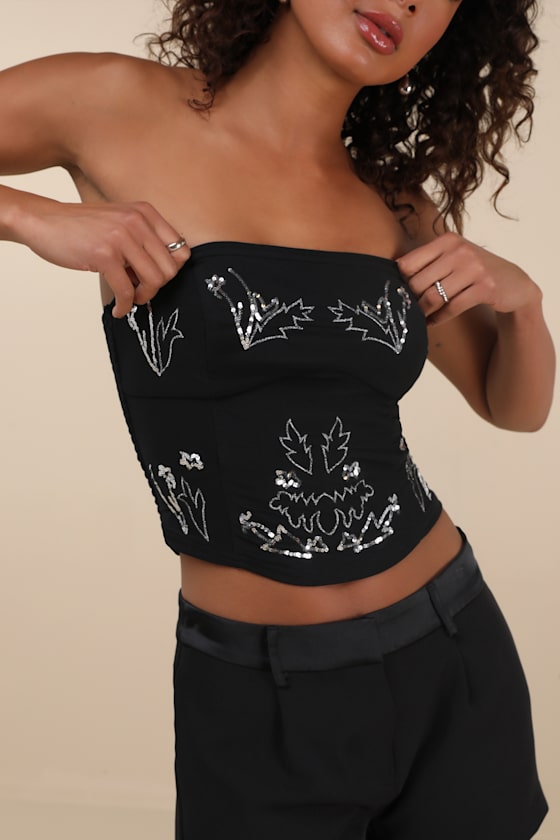 Lulus Suni Black Mesh Sequin Strapless Crop Top