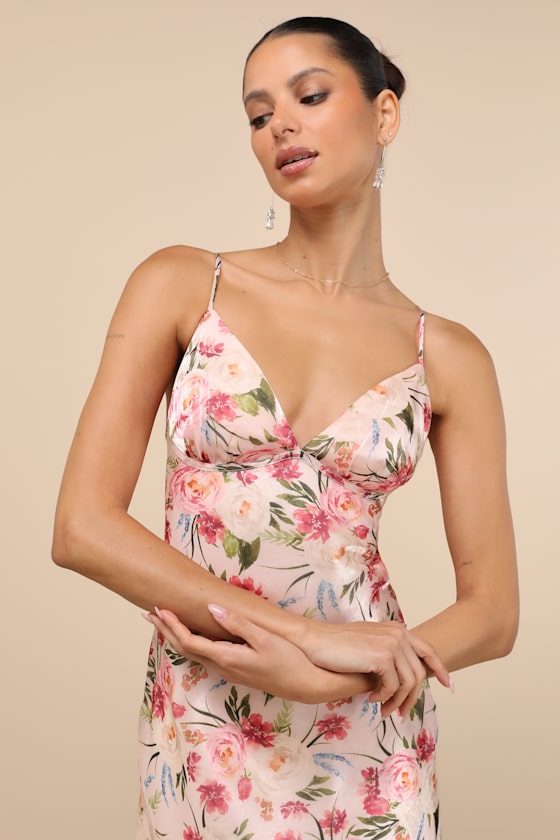 Lulus Alaia Blush Multi Floral Satin Backless Midi Dress