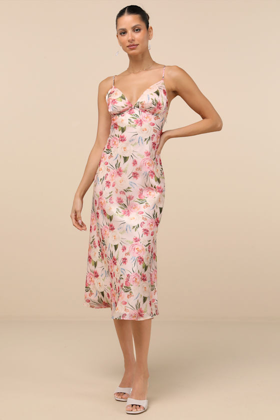 Shop Lulus Alaia Blush Multi Floral Satin Backless Midi Dress