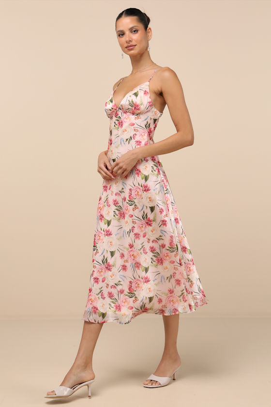 Shop Lulus Alaia Blush Multi Floral Satin Backless Midi Dress