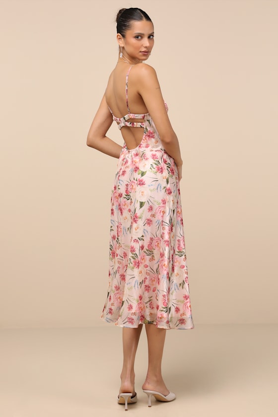 Shop Lulus Alaia Blush Multi Floral Satin Backless Midi Dress