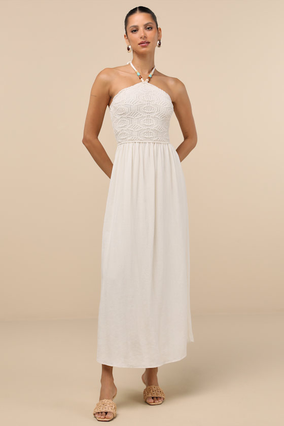 Lulus Cosma Ivory Beaded Crochet Knit Halter Midi Dress