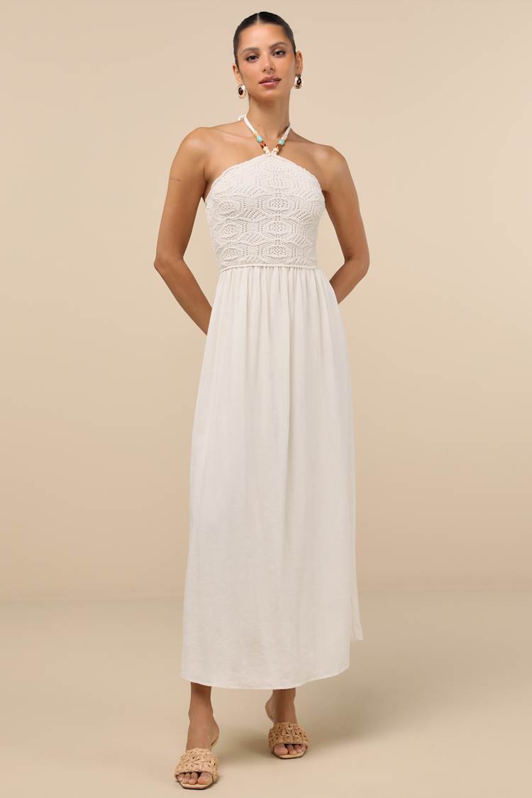 Cosma Ivory Beaded Crochet Knit Halter Midi Dress