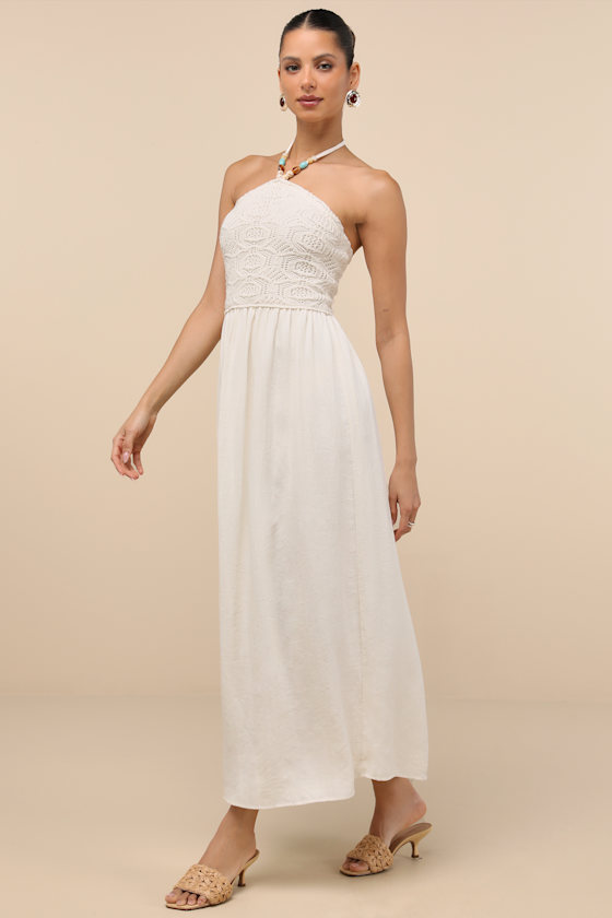 Lulus Cosma Ivory Beaded Crochet Knit Halter Midi Dress