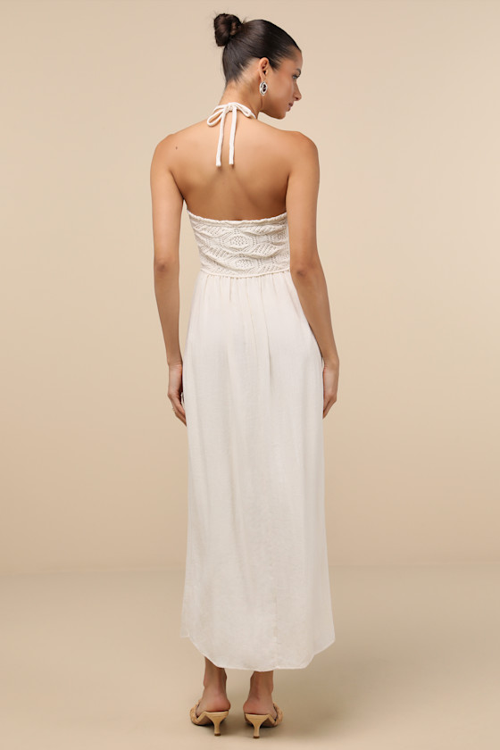 Lulus Cosma Ivory Beaded Crochet Knit Halter Midi Dress
