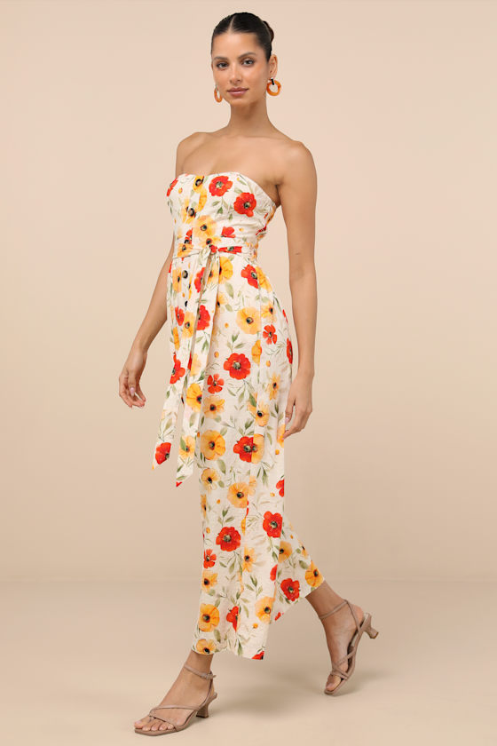 Lulus Sunny Day Classic Ivory Floral Strapless Jumpsuit