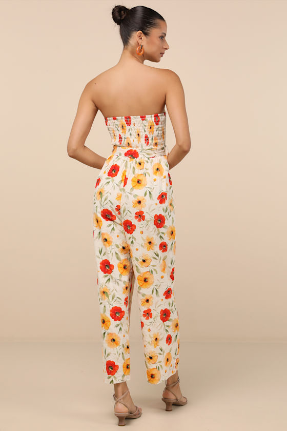 Lulus Sunny Day Classic Ivory Floral Strapless Jumpsuit