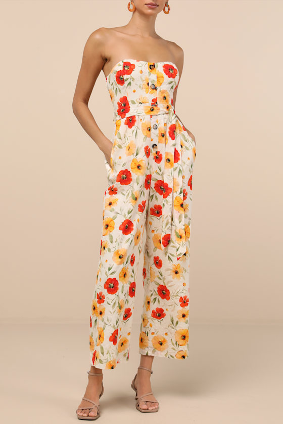 Lulus Sunny Day Classic Ivory Floral Strapless Jumpsuit