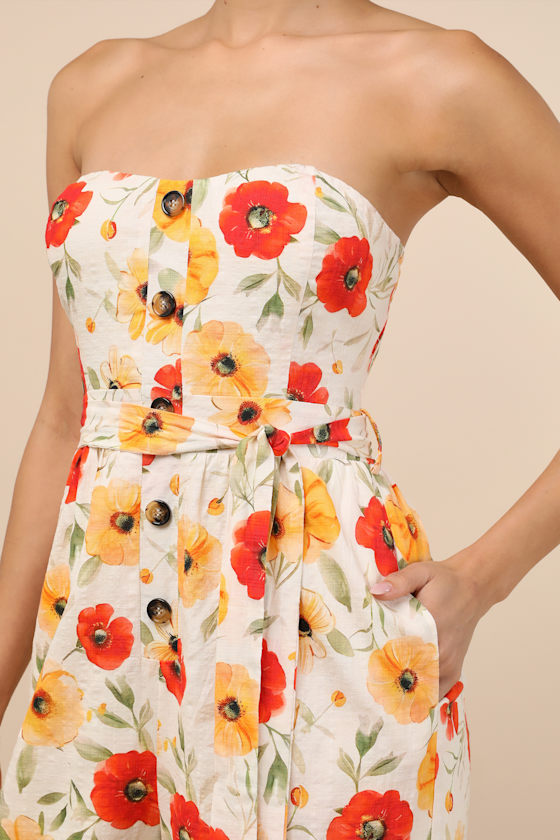 Lulus Sunny Day Classic Ivory Floral Strapless Jumpsuit