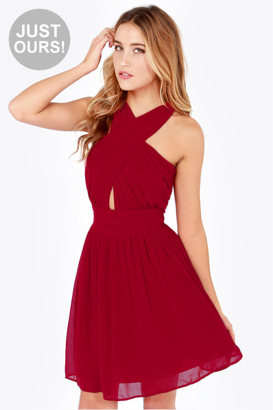 dark red halter dress