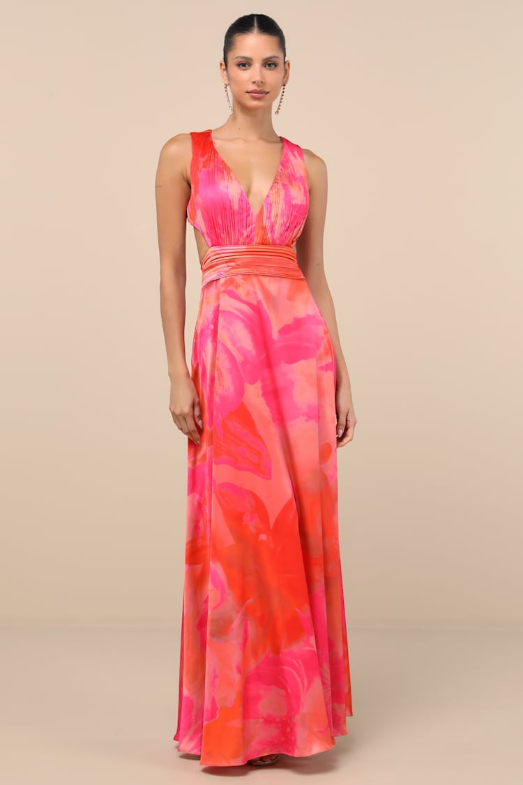 open lace back dress Stylish Orange Maxi Dress with Fuchsia Color Block Small main image 1