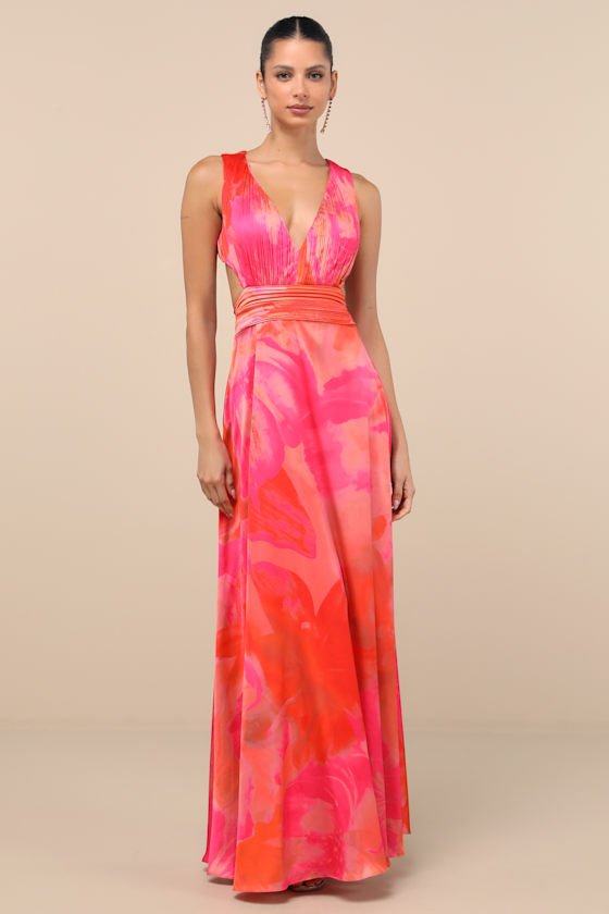 Dedra Pink and Orange Abstract Pleated Maxi Dress 1