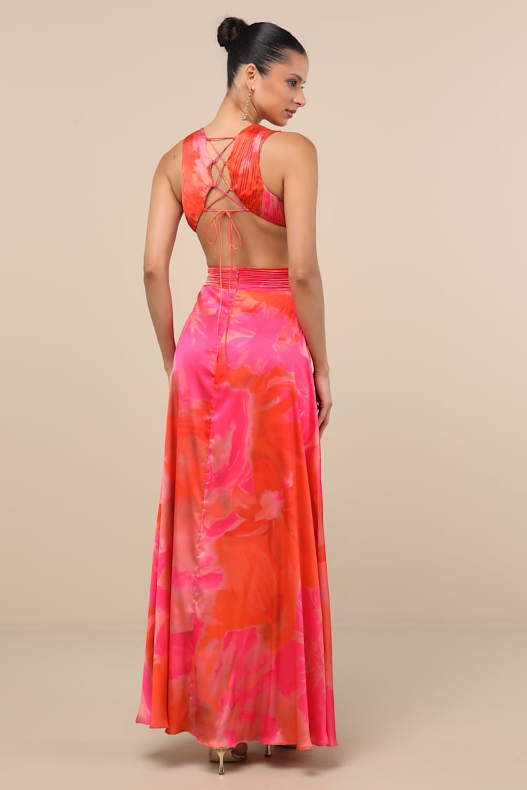 Dedra Pink and Orange Abstract Pleated Maxi Dress