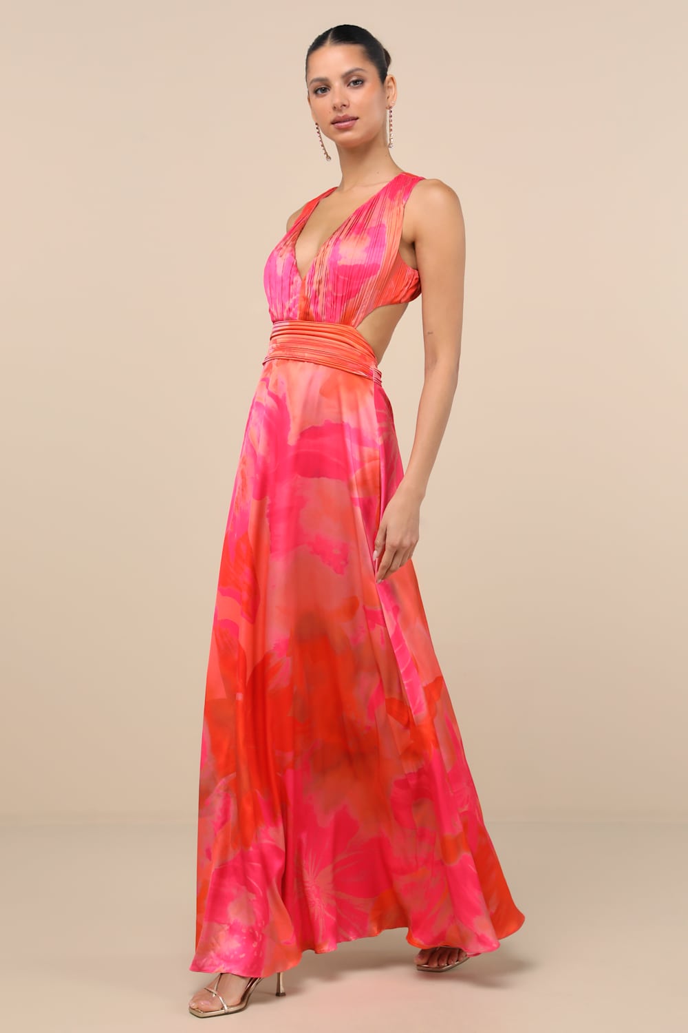 Dedra Pink and Orange Abstract Pleated Maxi Dress