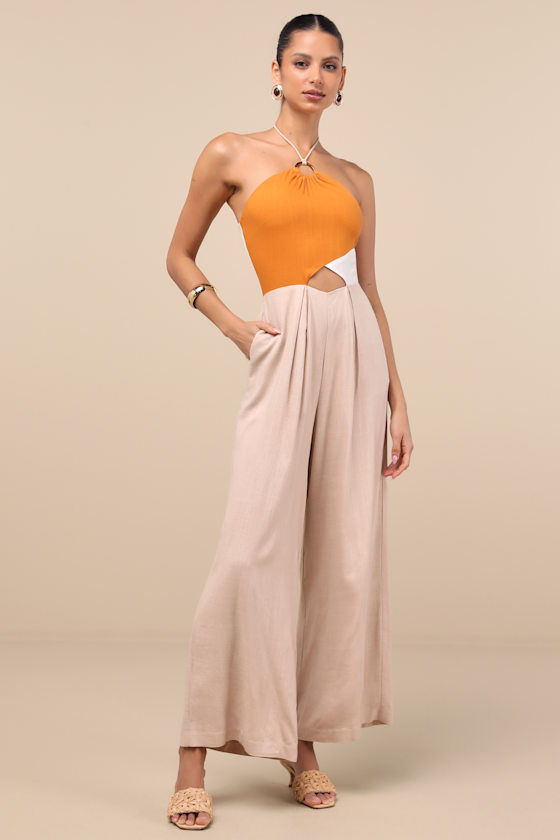 LULUS SUMA BEIGE MULTI COLOR BLOCK WIDE-LEG JUMPSUIT