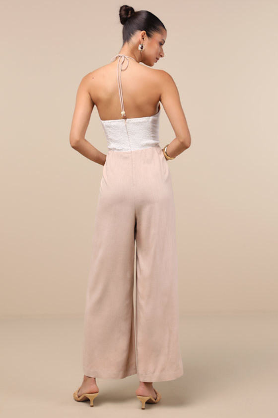 LULUS SUMA BEIGE MULTI COLOR BLOCK WIDE-LEG JUMPSUIT