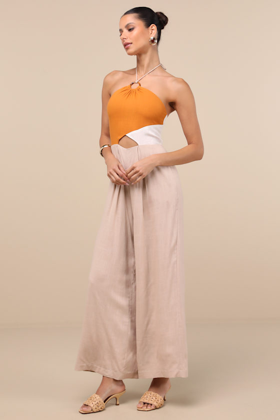 LULUS SUMA BEIGE MULTI COLOR BLOCK WIDE-LEG JUMPSUIT
