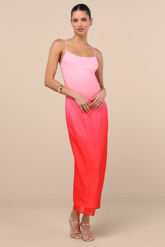 Lulus Ottavia Pink And Red Ombre Backless Maxi Dress