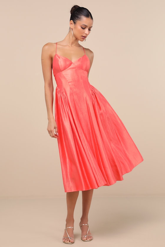 Paride Shiny Coral Gathered Lace-Up Midi Dress
