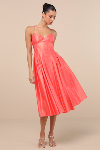Paride Shiny Coral Gathered Lace-Up Midi Dress 1