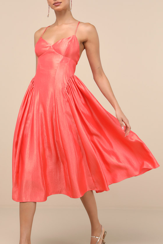 Lulus Paride Shiny Coral Gathered Lace-up Midi Dress