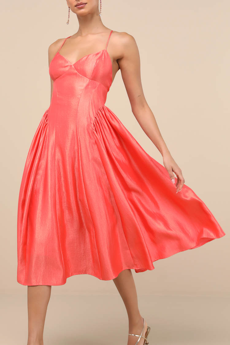 Paride Shiny Coral Gathered Lace-Up Midi Dress