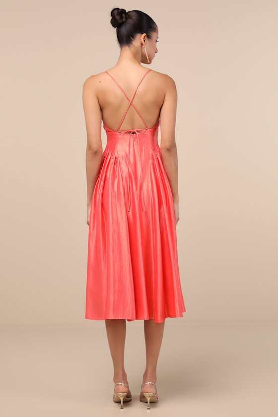 Lulus Paride Shiny Coral Gathered Lace-up Midi Dress
